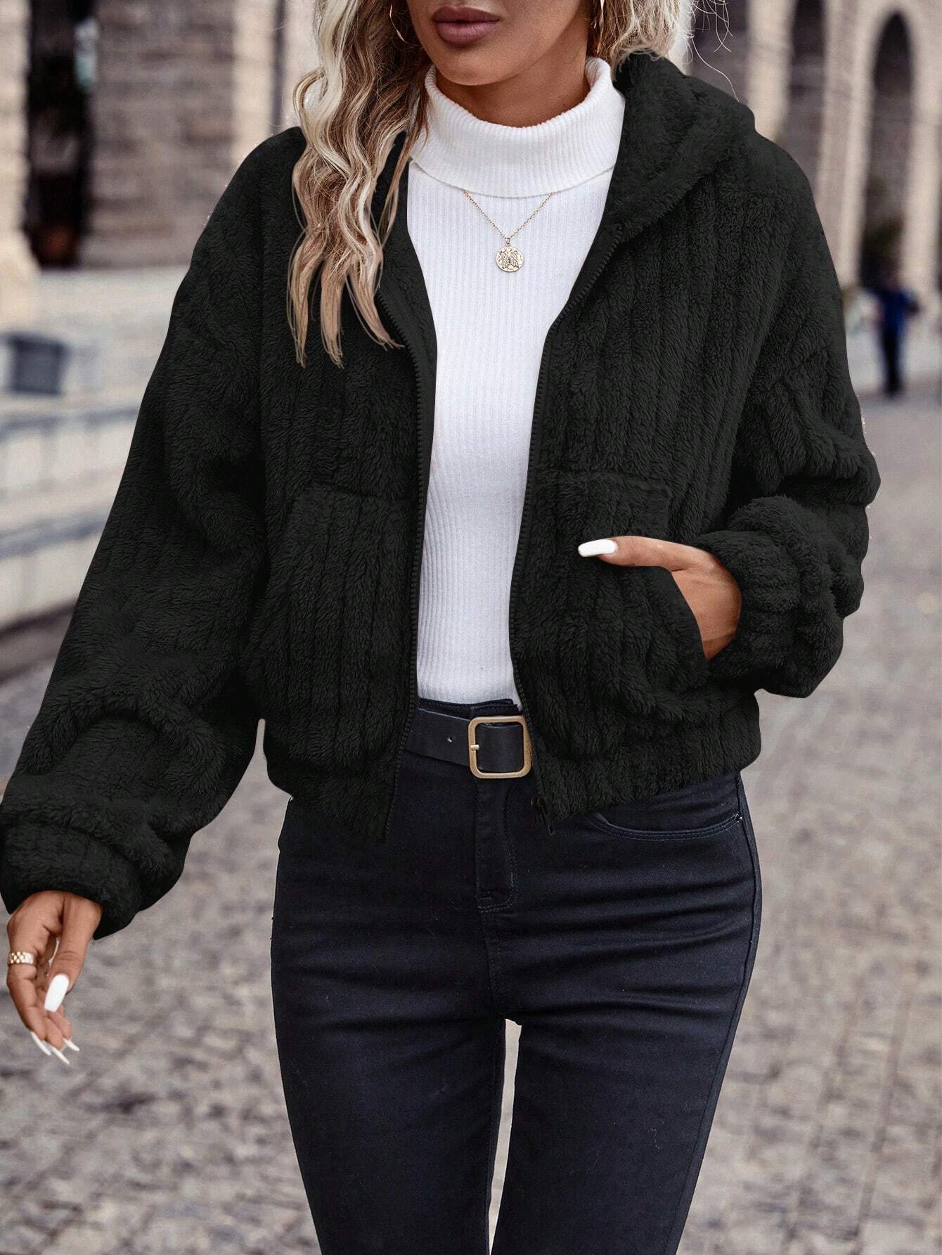 Catherine Veste Femme – Veste Zippée en Polaire Double Face Style Teddy avec Capuche Douce & Chaude