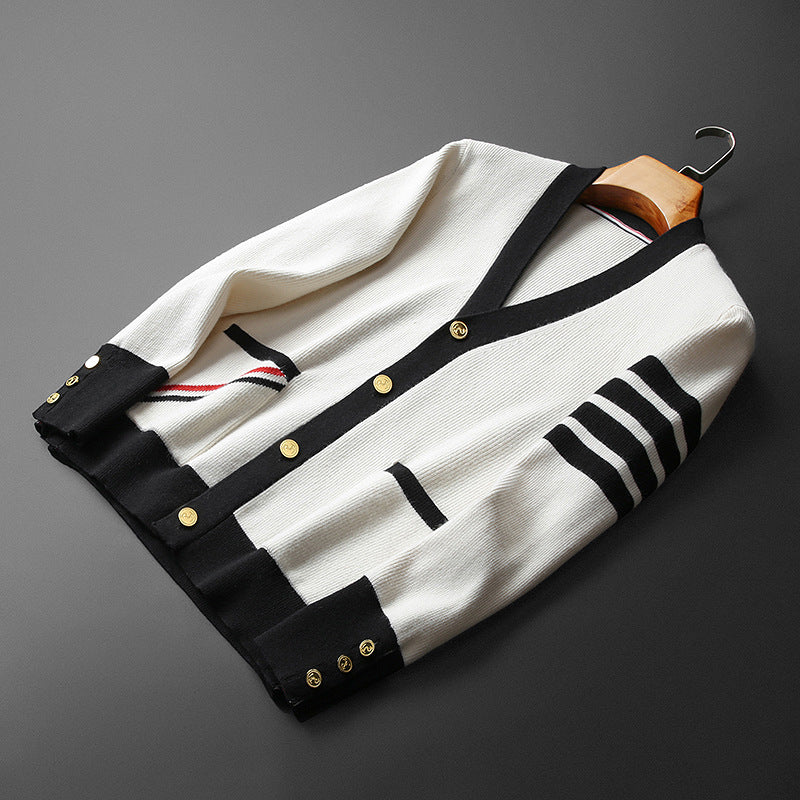 Cardigan in cashmere da uomo Hans - Elegante, a righe con scollo a V, bottoni dorati e pratiche tasche