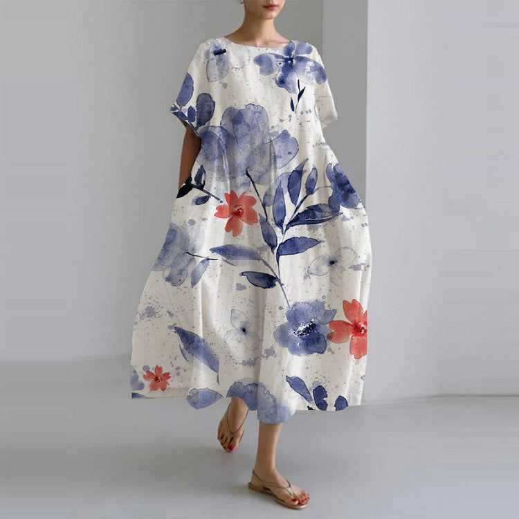 Sareno Robe Midi Femme – Robe Fleurie Légère avec Col Rond & Coupe Confortable