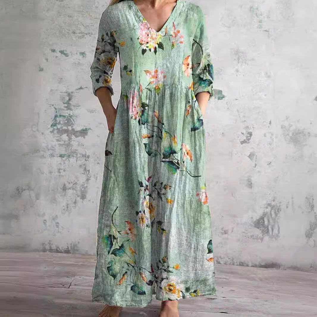 Willa Robe Longue Femme – Élégante Robe Fleurie avec Col en V & Manches 3/4
