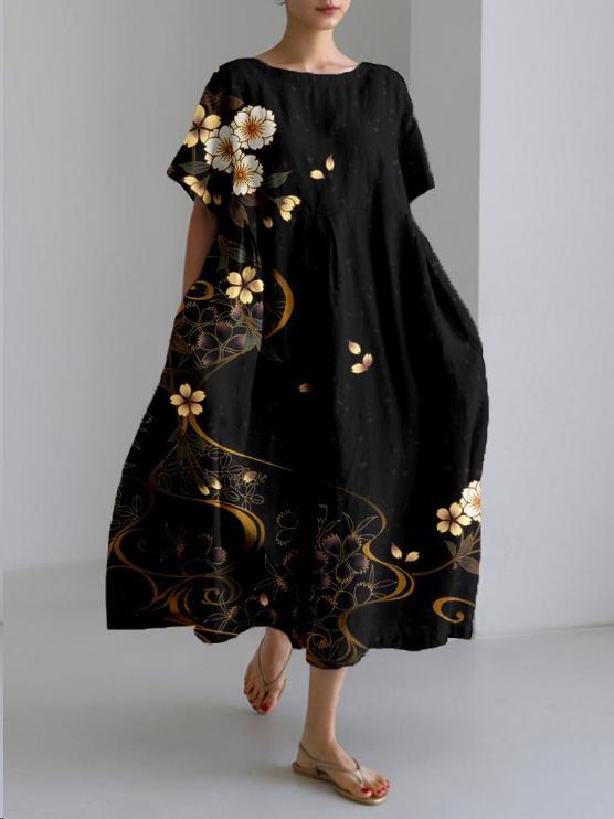 Sareno Robe Midi Femme – Robe Fleurie Légère avec Col Rond & Coupe Confortable