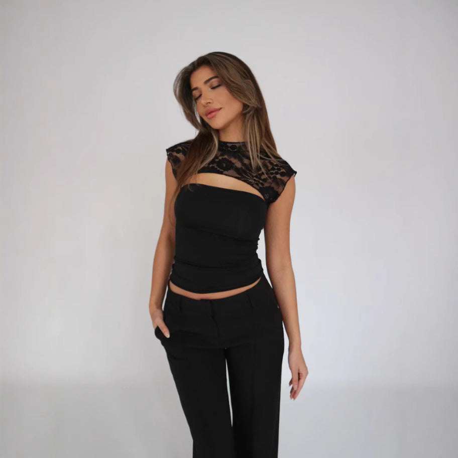 Camicetta da donna Hailey - Top aderente con dettagli in pizzo e maniche corte per un look estivo