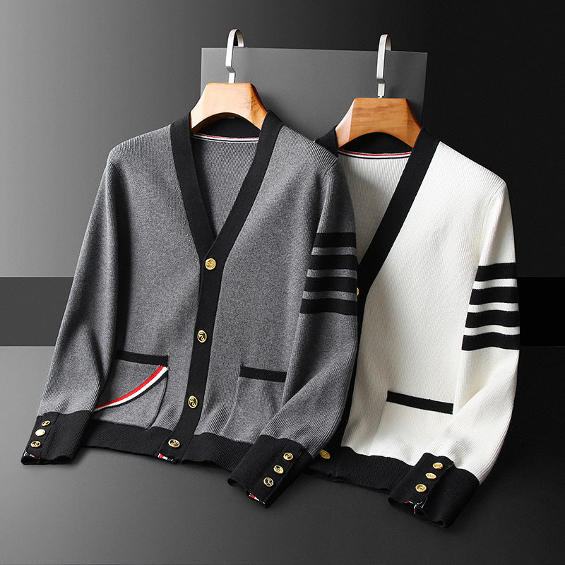 Cardigan in cashmere da uomo Hans - Elegante, a righe con scollo a V, bottoni dorati e pratiche tasche