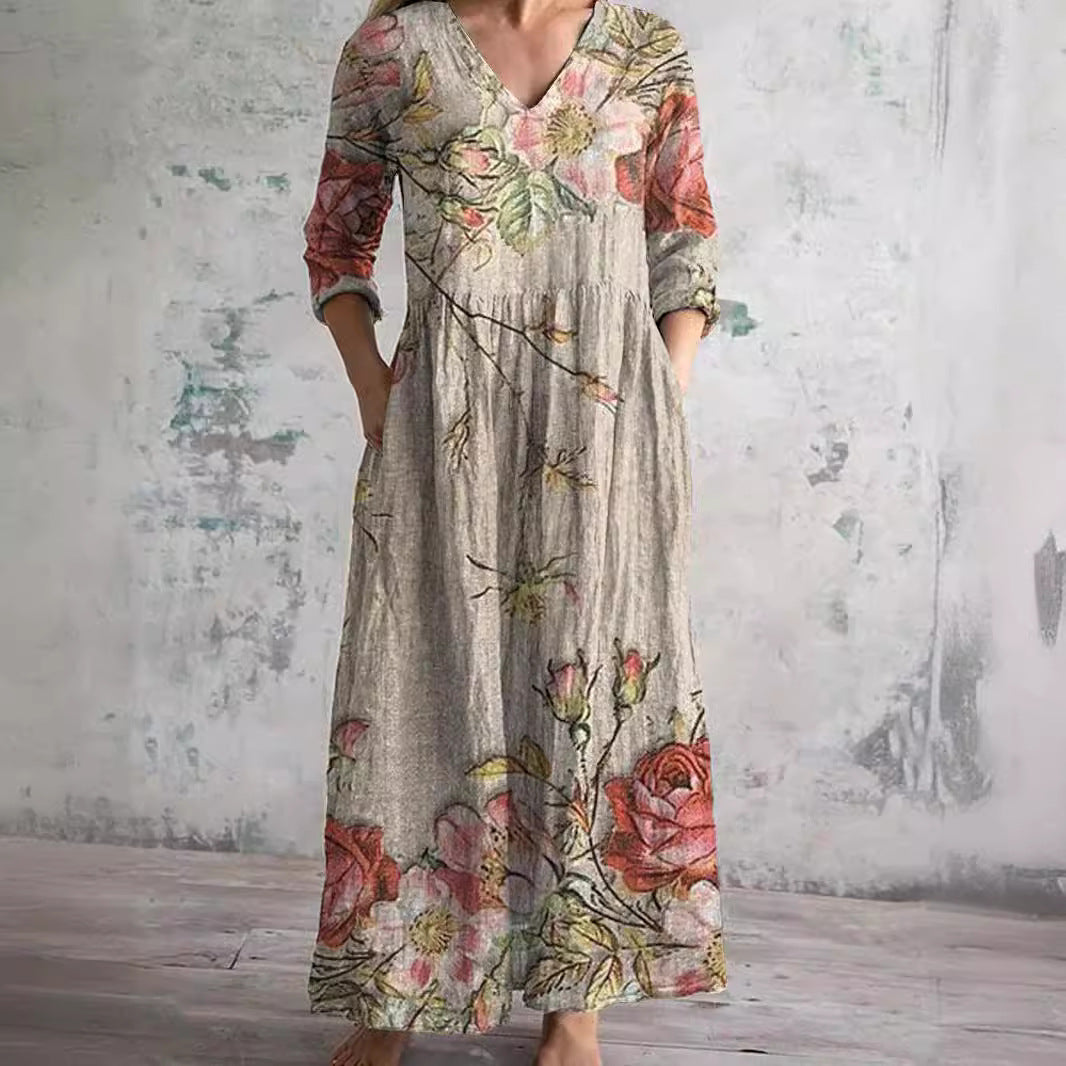 Willa Robe Longue Femme – Élégante Robe Fleurie avec Col en V & Manches 3/4