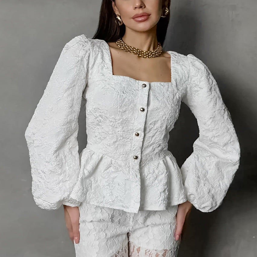 Charlotte Blouse Femme – Haut Jacquard Élégant avec Encolure Carrée & Manches Longues Chic
