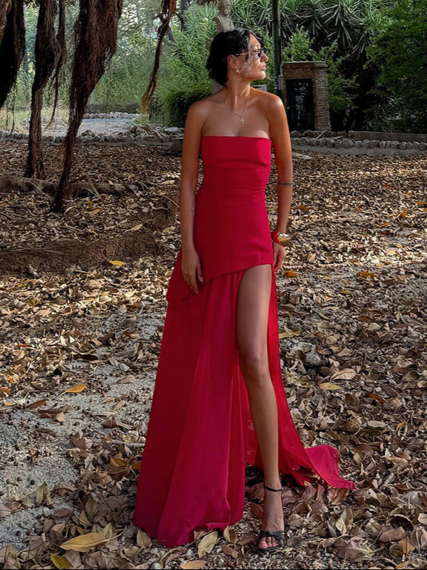 Abito lungo da donna Ziva - Elegante abito da sera in chiffon con bustier strutturato e spacco laterale