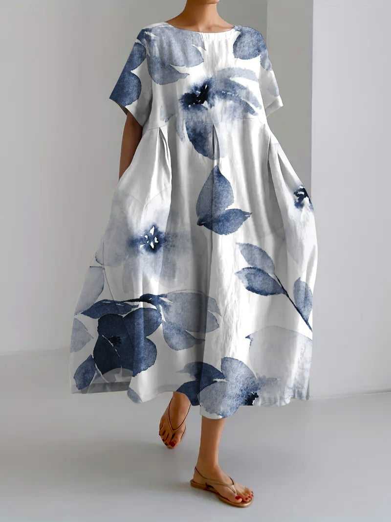 Sareno Robe Midi Femme – Robe Fleurie Légère avec Col Rond & Coupe Confortable