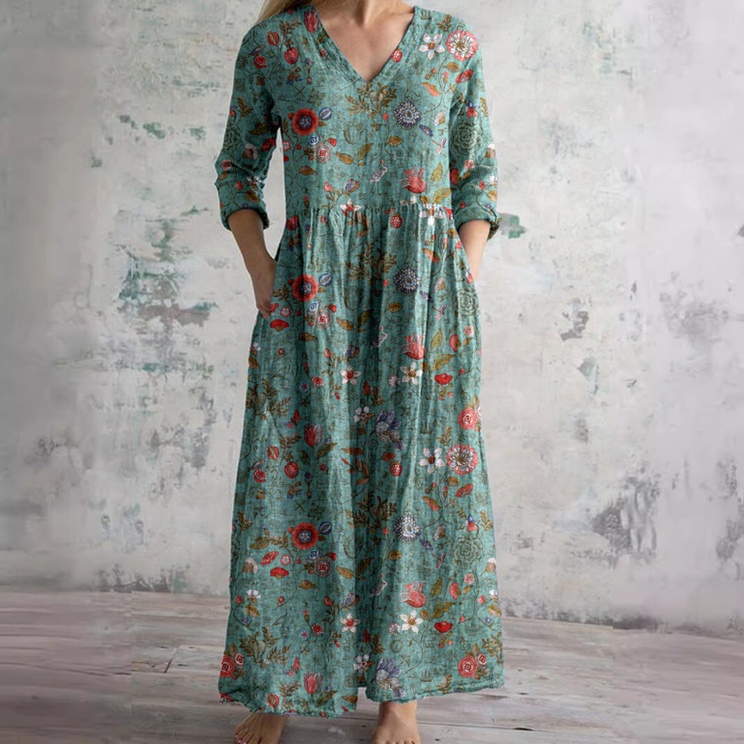 Willa Robe Longue Femme – Élégante Robe Fleurie avec Col en V & Manches 3/4