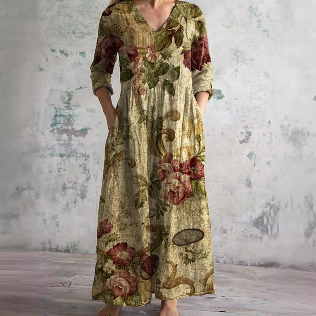 Willa Robe Longue Femme – Élégante Robe Fleurie avec Col en V & Manches 3/4