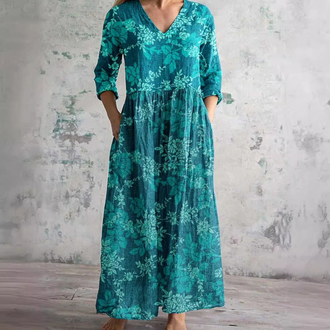 Willa Robe Longue Femme – Élégante Robe Fleurie avec Col en V & Manches 3/4