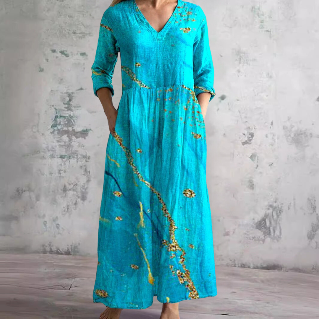 Willa Robe Longue Femme – Élégante Robe Fleurie avec Col en V & Manches 3/4
