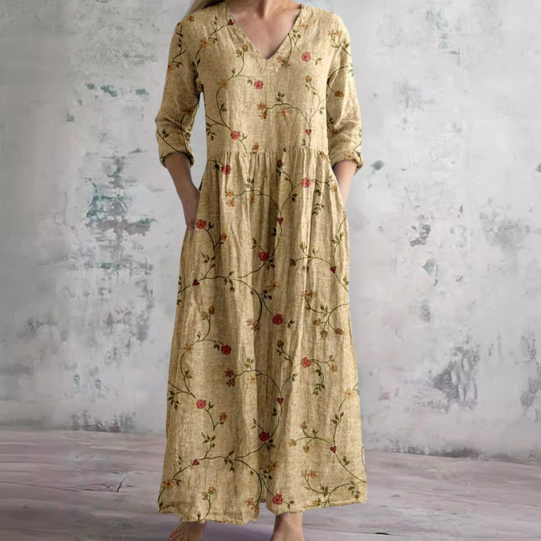Willa Robe Longue Femme – Élégante Robe Fleurie avec Col en V & Manches 3/4