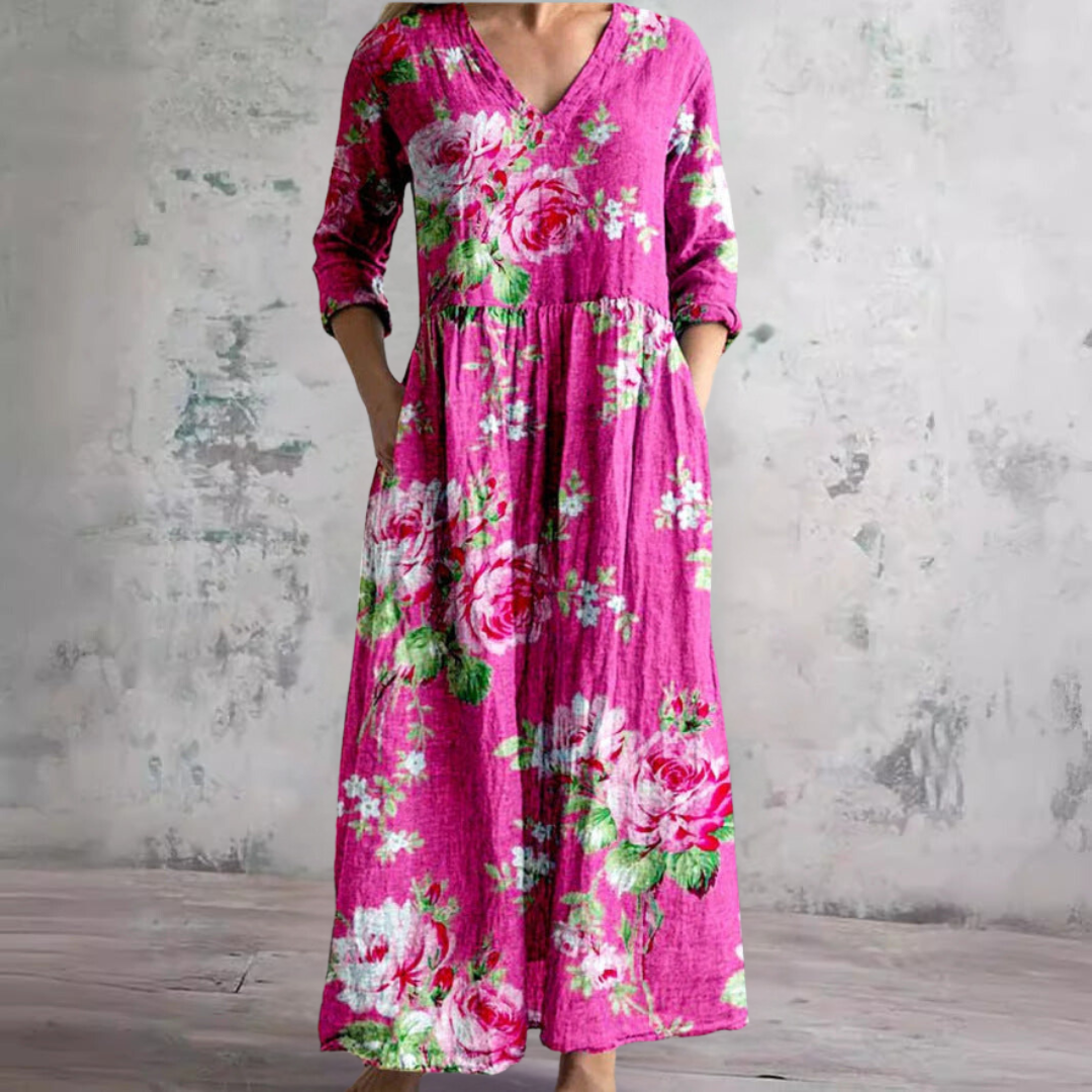 Willa Robe Longue Femme – Élégante Robe Fleurie avec Col en V & Manches 3/4