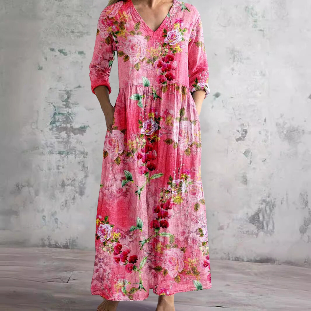 Willa Robe Longue Femme – Élégante Robe Fleurie avec Col en V & Manches 3/4