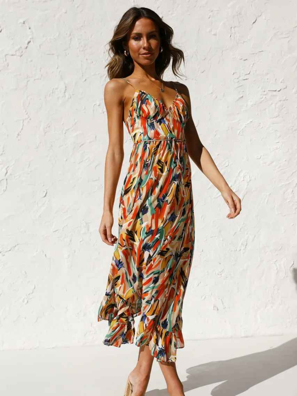Abito lungo da donna Chloe: abito estivo leggero con stampa tropicale e spalline sottili lusinghiere