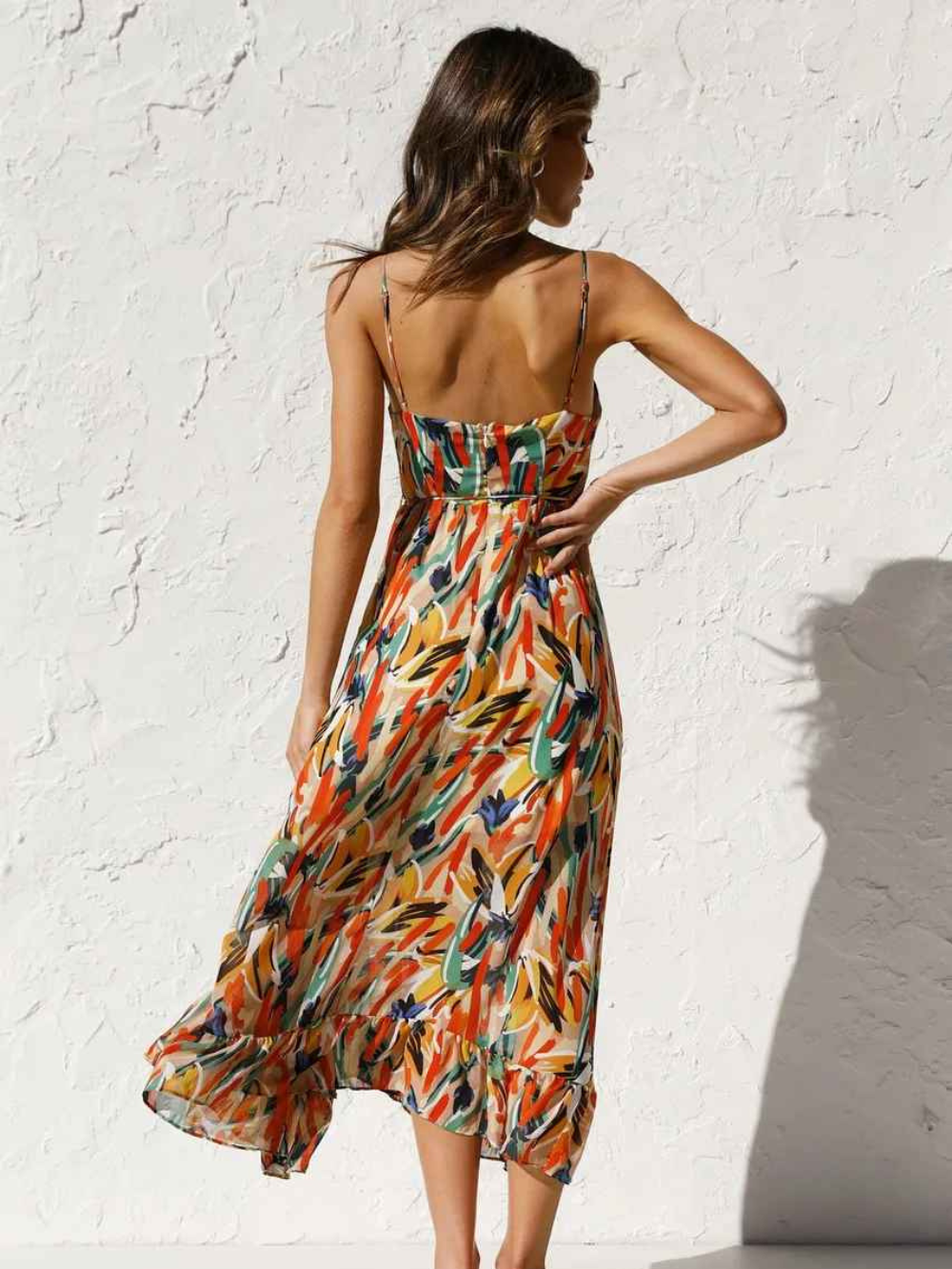 Abito lungo da donna Chloe: abito estivo leggero con stampa tropicale e spalline sottili lusinghiere