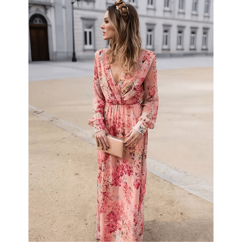 Abito lungo da donna Pia - Motivo floreale bohémien, scollo a V ed eleganti maniche lunghe