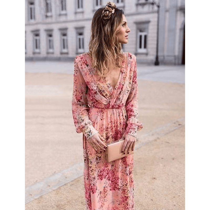 Abito lungo da donna Pia - Motivo floreale bohémien, scollo a V ed eleganti maniche lunghe