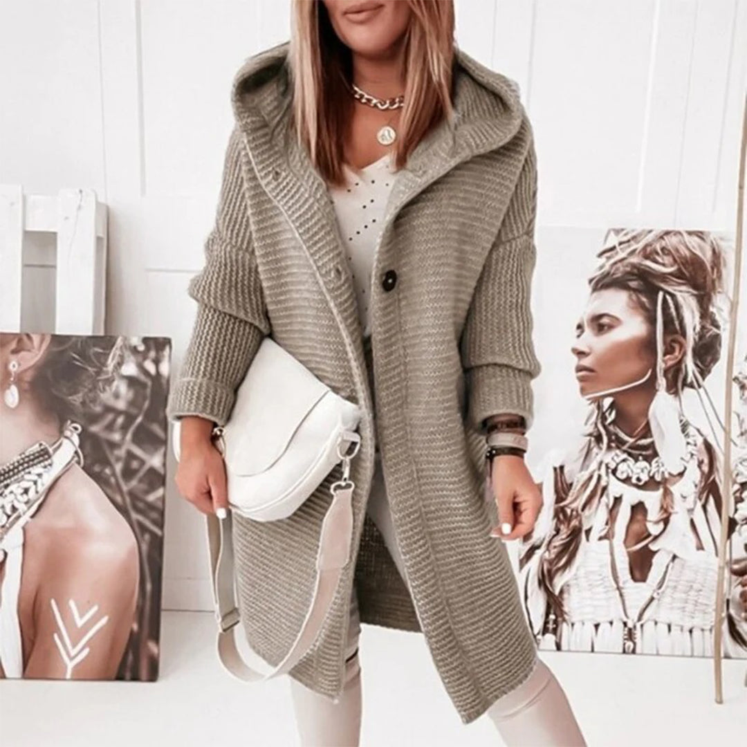 Madilyn Long Gilet en Maille pour Femme – Veste à Capuche Douce avec Fermeture à Boutons