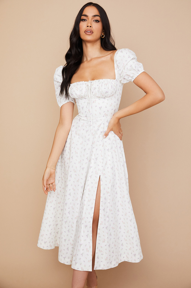 Abito midi da donna Charlotte – Abito estivo in crêpe con stampa floreale, spacchi e dettagli corsetto