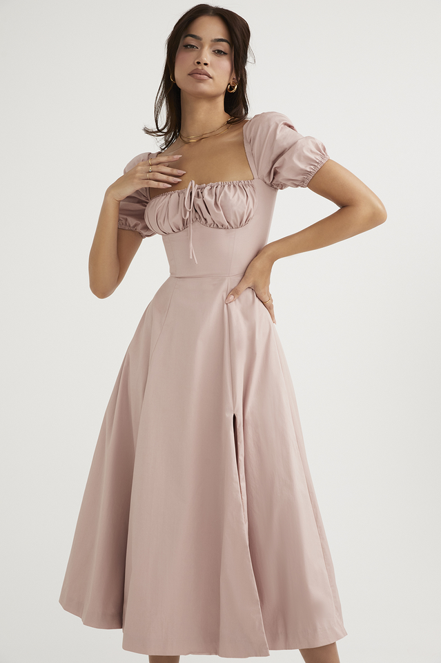 Abito midi da donna Charlotte – Abito estivo in crêpe con stampa floreale, spacchi e dettagli corsetto