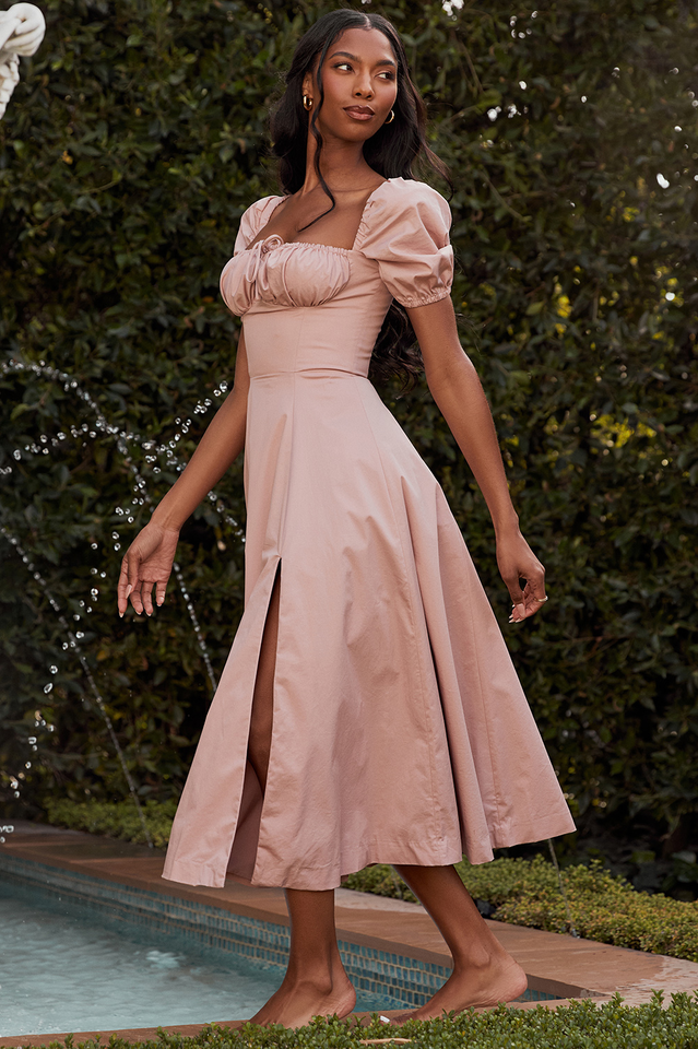 Abito midi da donna Charlotte – Abito estivo in crêpe con stampa floreale, spacchi e dettagli corsetto