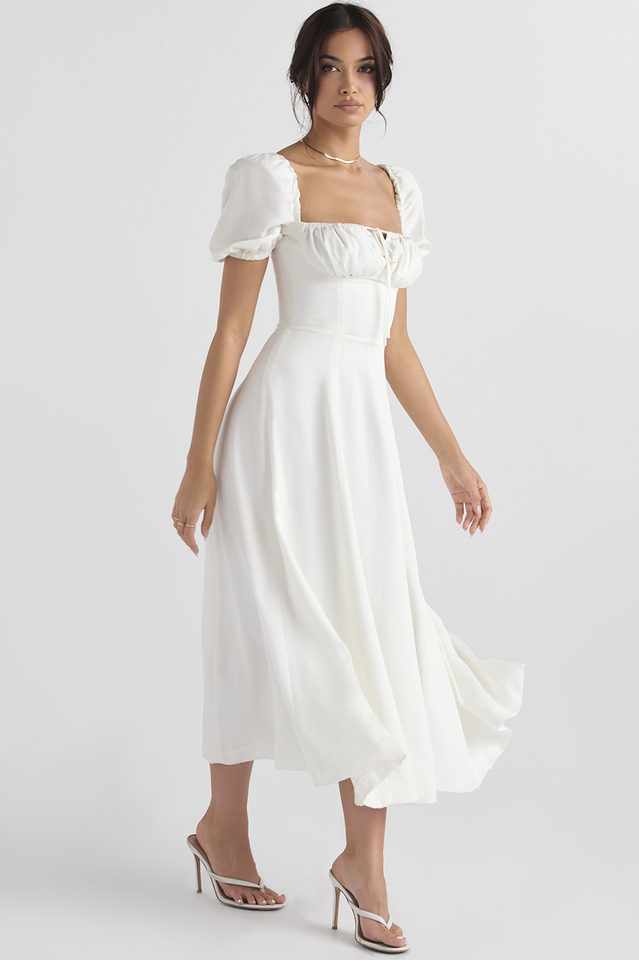 Abito midi da donna Charlotte – Abito estivo in crêpe con stampa floreale, spacchi e dettagli corsetto