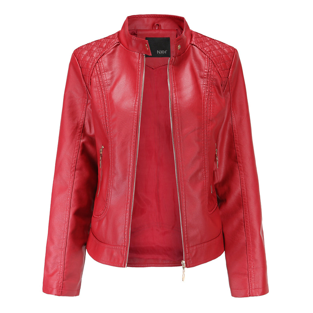Janiyah Veste Femme en Cuir – Col Montant Chic, Fermetures Éclair & Style Moderne Élégant