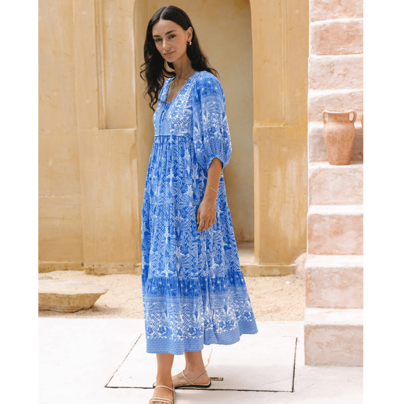 Abito lungo Rosina Looksy – Stampa bohémien astratta e vestibilità fluida a strati