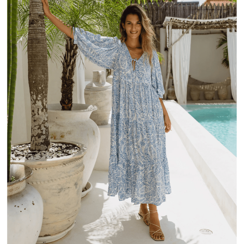 Abito lungo Rosina Looksy – Stampa bohémien astratta e vestibilità fluida a strati