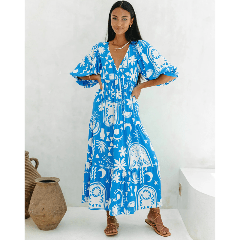 Abito lungo Rosina Looksy – Stampa bohémien astratta e vestibilità fluida a strati