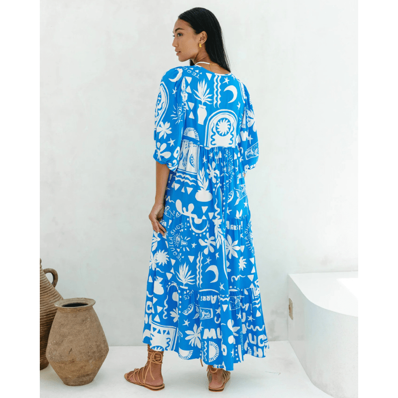 Abito lungo Rosina Looksy – Stampa bohémien astratta e vestibilità fluida a strati