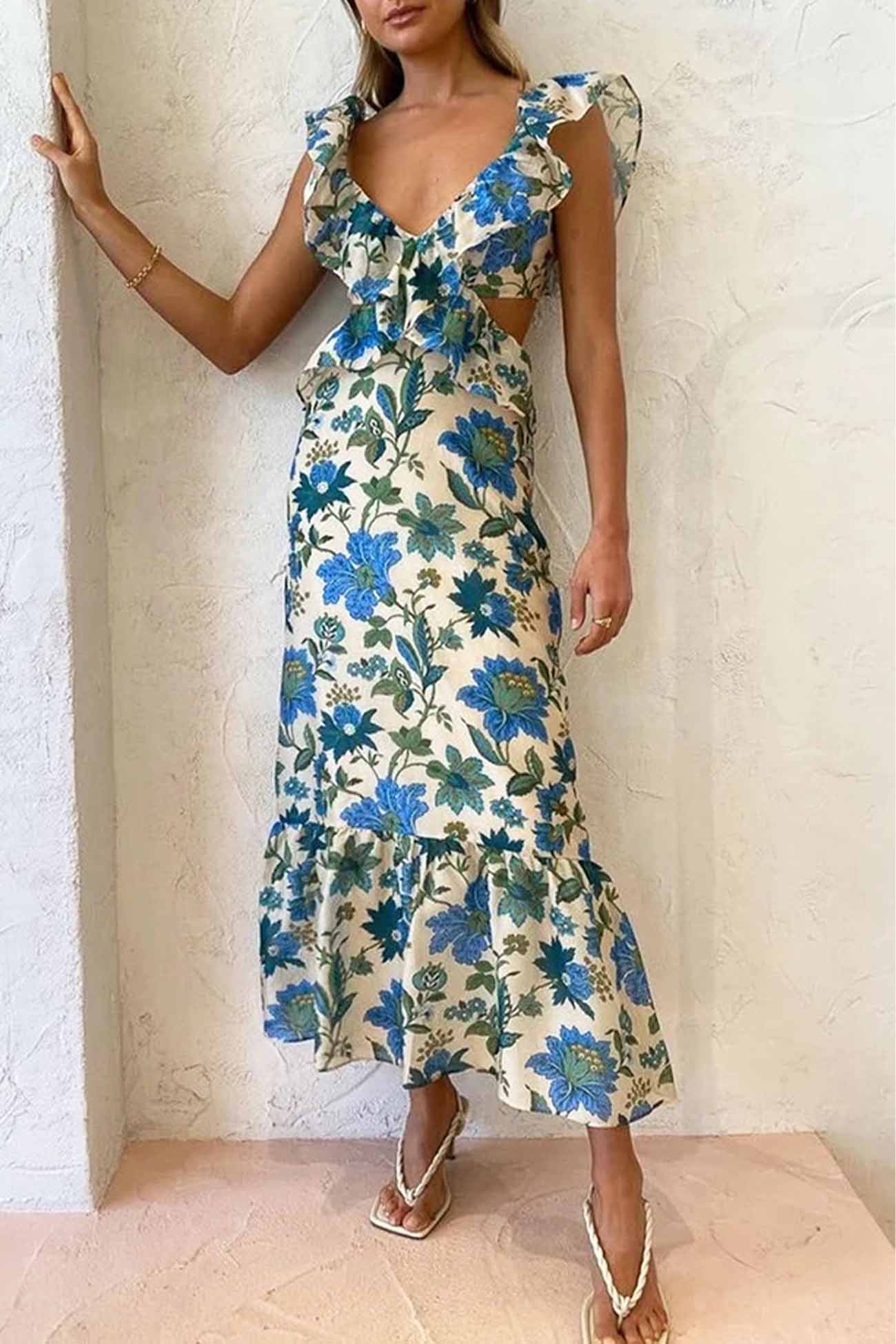 Abito estivo da donna Eris - Abito con volant, lacci, dettagli ritagliati e stampa floreale