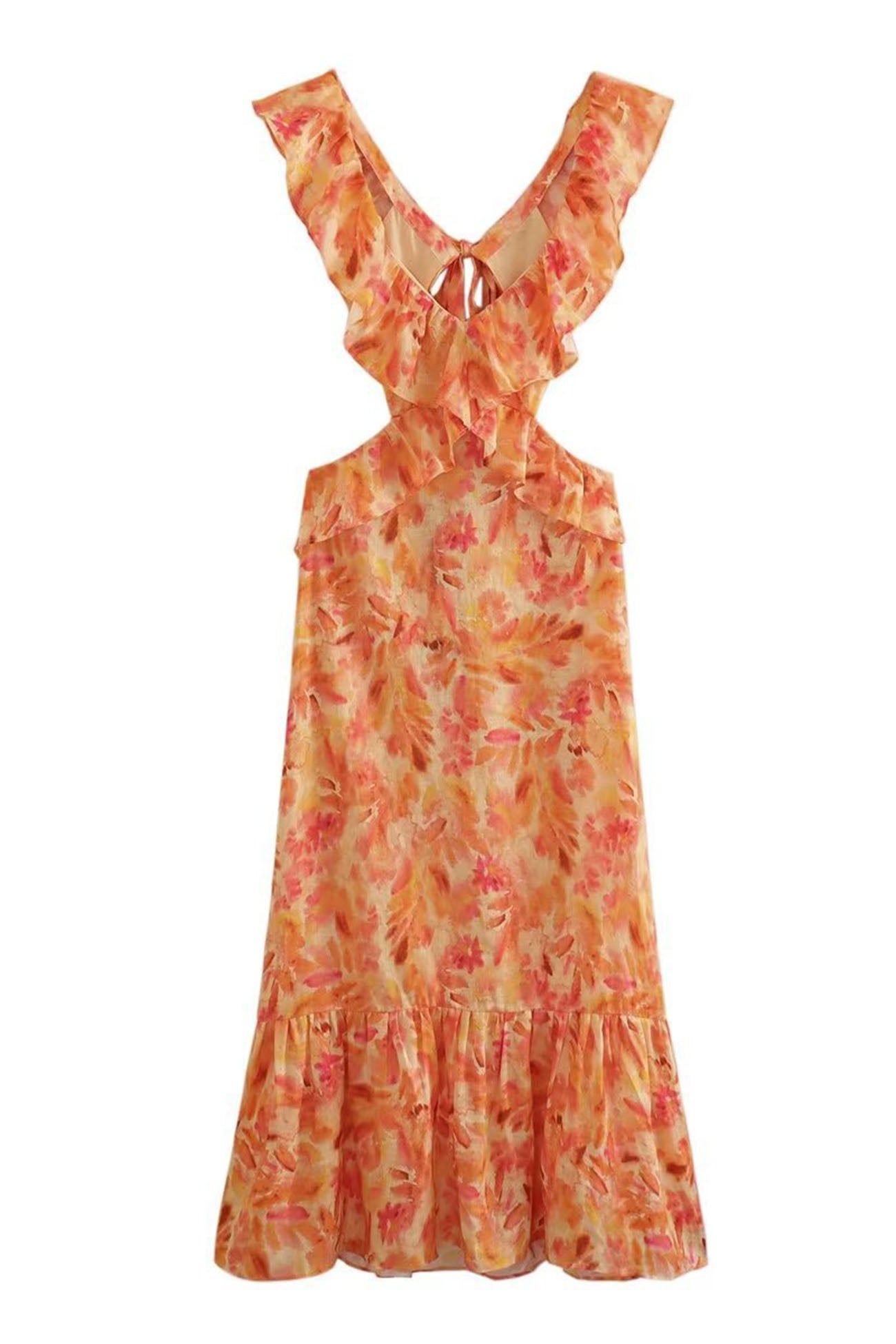 Abito lungo da donna Amara - Abito estivo senza maniche con spalline arricciate ed elegante scollo a V