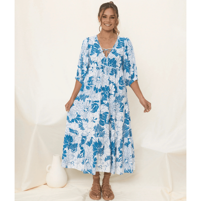 Abito midi Runa Looksy – Stampa floreale e maniche a sbuffo leggere estive