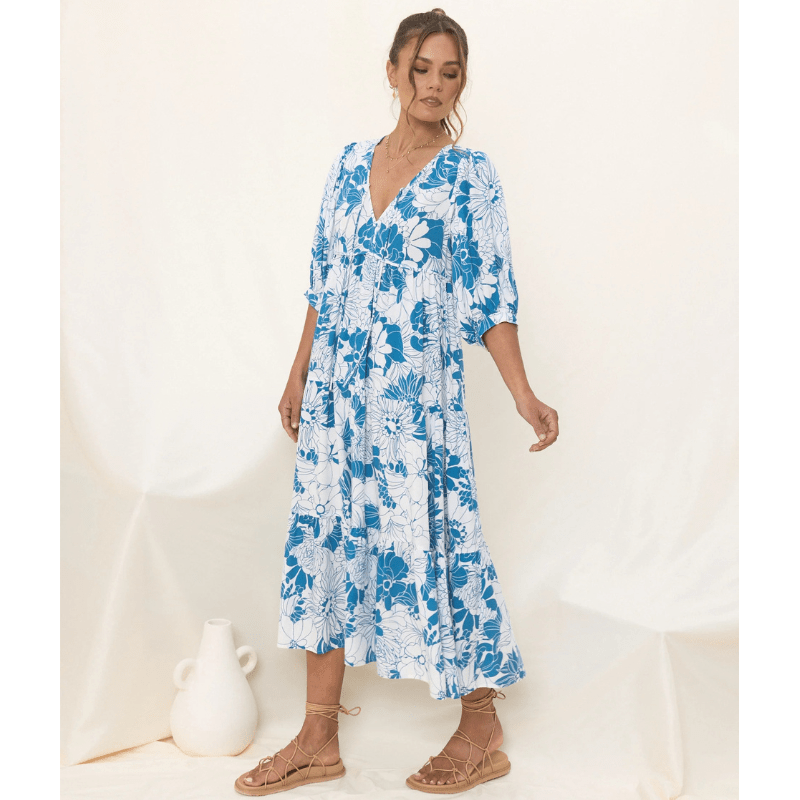 Abito midi Runa Looksy – Stampa floreale e maniche a sbuffo leggere estive