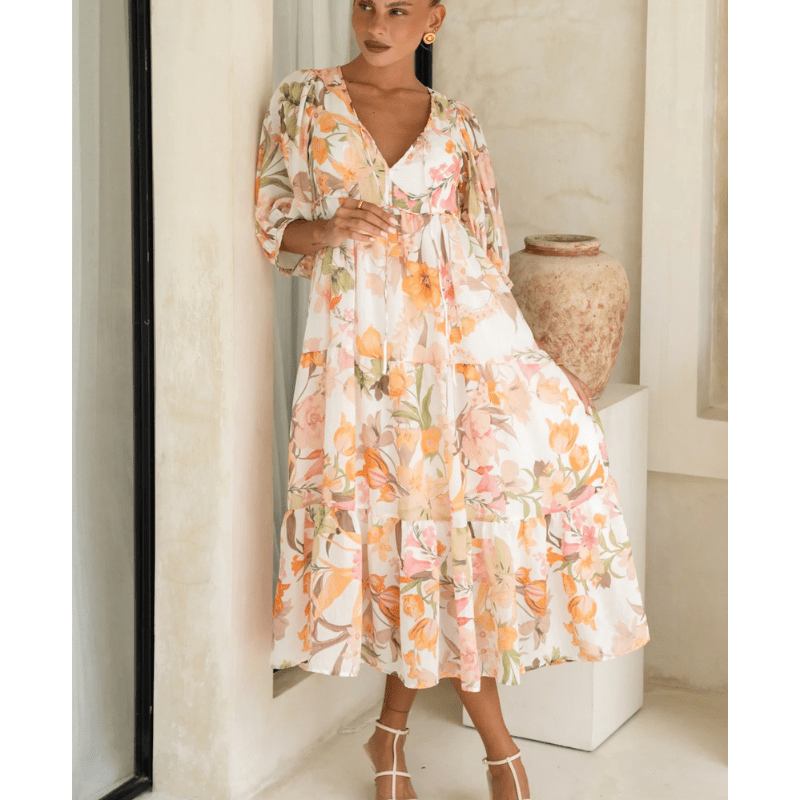 Abito midi Runa Looksy – Stampa floreale e maniche a sbuffo leggere estive