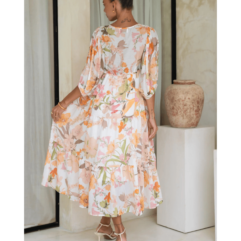 Abito midi Runa Looksy – Stampa floreale e maniche a sbuffo leggere estive