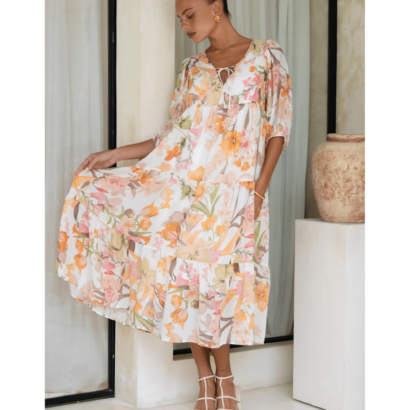 Abito midi Runa Looksy – Stampa floreale e maniche a sbuffo leggere estive
