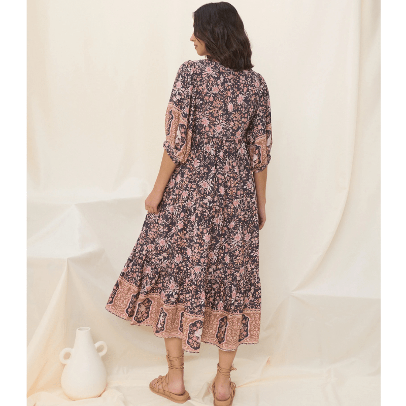 Abito midi Runa Looksy – Stampa floreale e maniche a sbuffo leggere estive