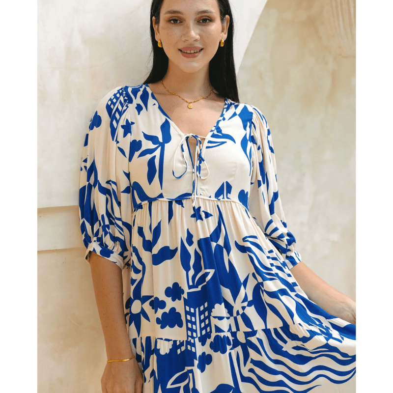 Abito midi Runa Looksy – Stampa floreale e maniche a sbuffo leggere estive