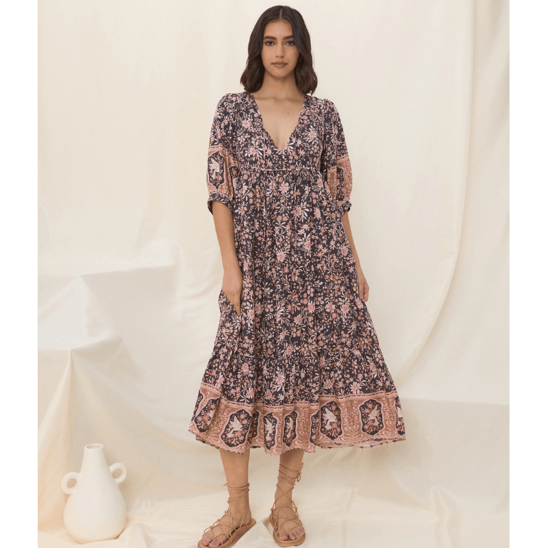Abito midi Runa Looksy – Stampa floreale e maniche a sbuffo leggere estive