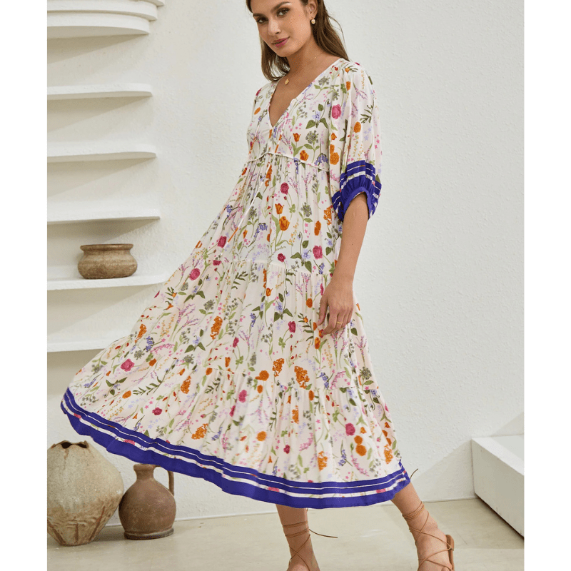 Abito midi Runa Looksy – Stampa floreale e maniche a sbuffo leggere estive