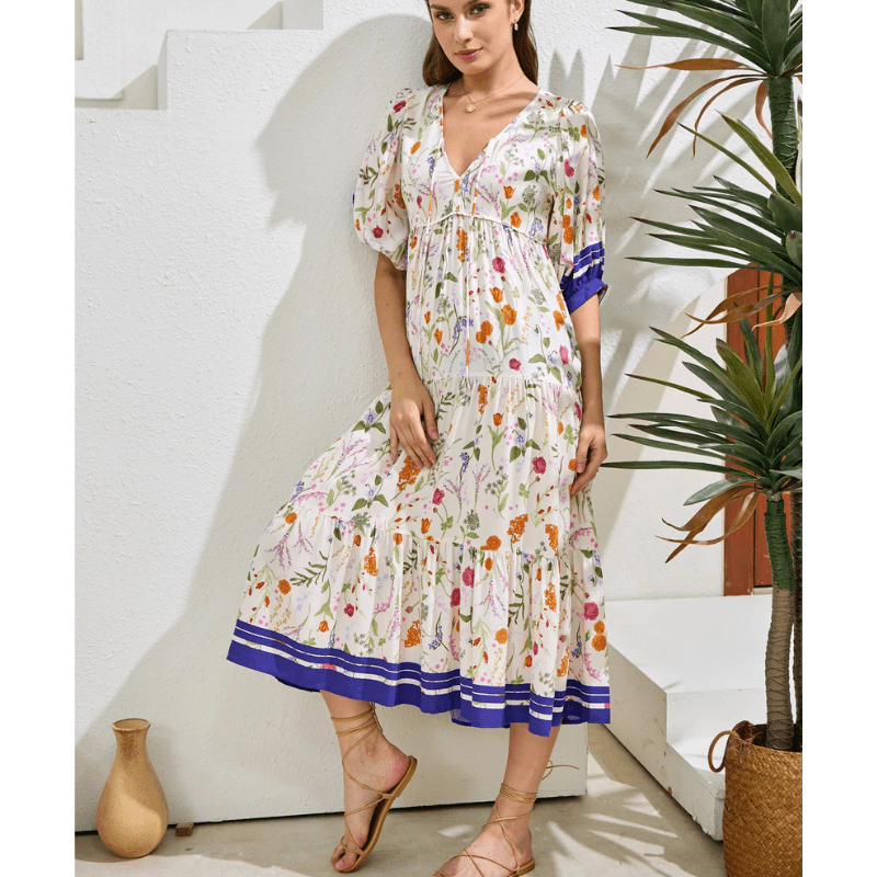 Abito midi Runa Looksy – Stampa floreale e maniche a sbuffo leggere estive