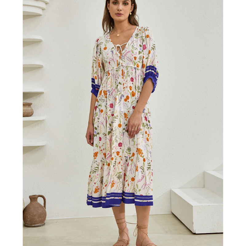Abito midi Runa Looksy – Stampa floreale e maniche a sbuffo leggere estive
