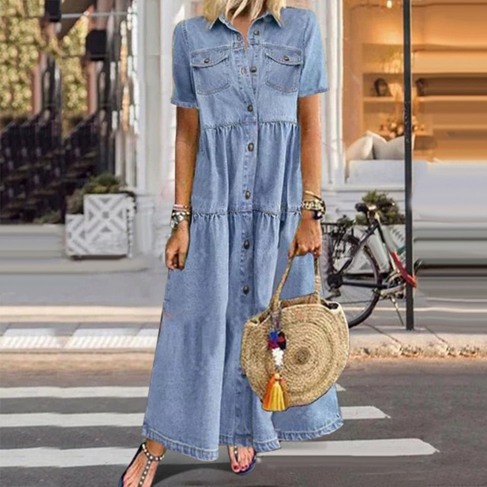 Robe en Jean Femme Rebecca – Robe en Denim Confortable à Volants avec Effet Gainant & Look Luxueux