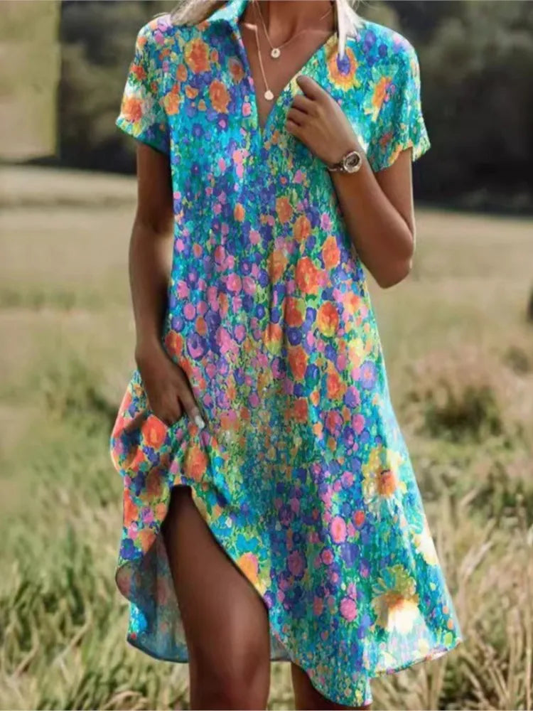 Abito da donna Jeanne: elegante abito con scollo a V e bottoni, vestibilità aderente e motivo floreale senza tempo