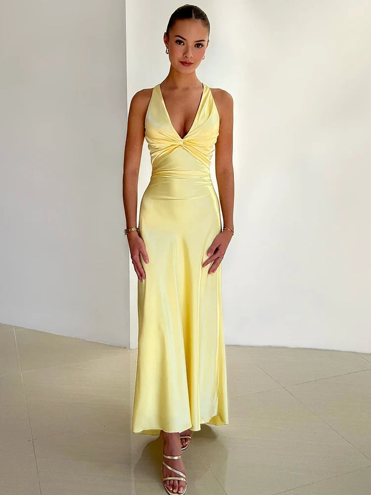 Abito da sera da donna Gina - Elegante abito lungo in raso senza maniche con scollo all'americana