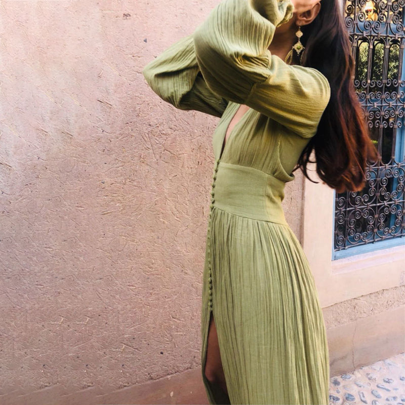 Abito lungo da donna Sadie – Abito estivo color cachi in 100% cotone con eleganti bottoni e dettagli plissettati