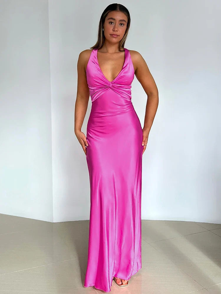 Abito da sera da donna Gina - Elegante abito lungo in raso senza maniche con scollo all'americana